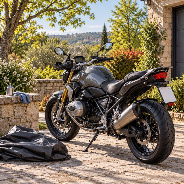 Moto garée dans une allée ensoleillée au printemps, housse sombre pliée à côté, peinture propre et brillante, arbres aux feuilles vertes derrière