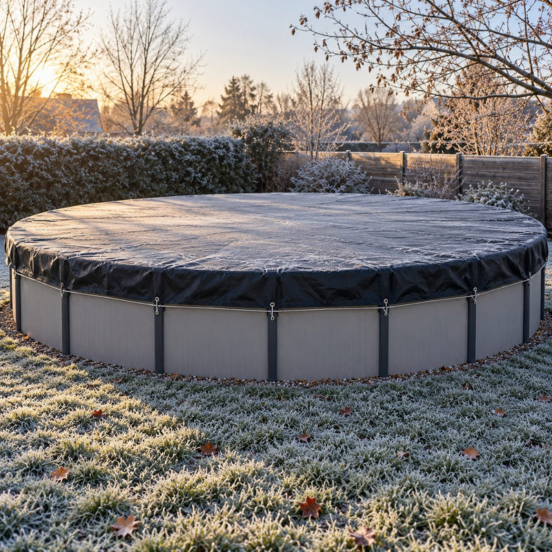 Piscine hors sol recouverte d’une couverture d’hiver bien tendue, avec du givre sur la pelouse au petit matin