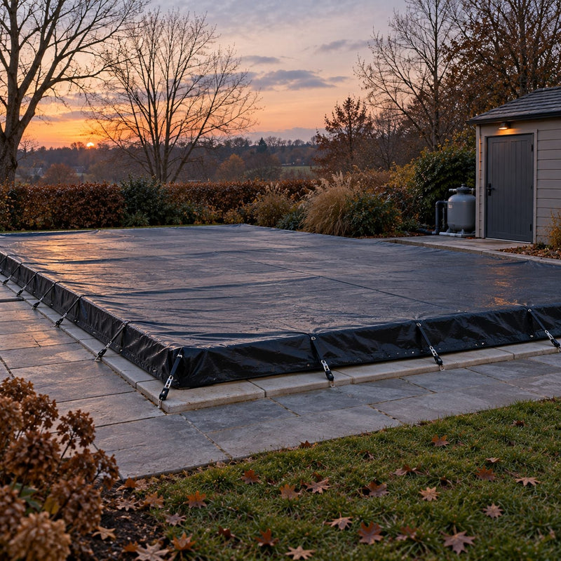 Piscine de jardin sous une couverture d’hiver tendue à la tombée du jour, avec un local technique fermé à côté du bassin