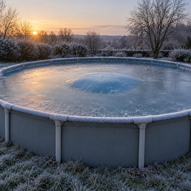 Fine couche de glace à la surface d’une piscine hors sol ronde au lever du jour, avec un coussin bleu visible au centre et du givre sur le bord