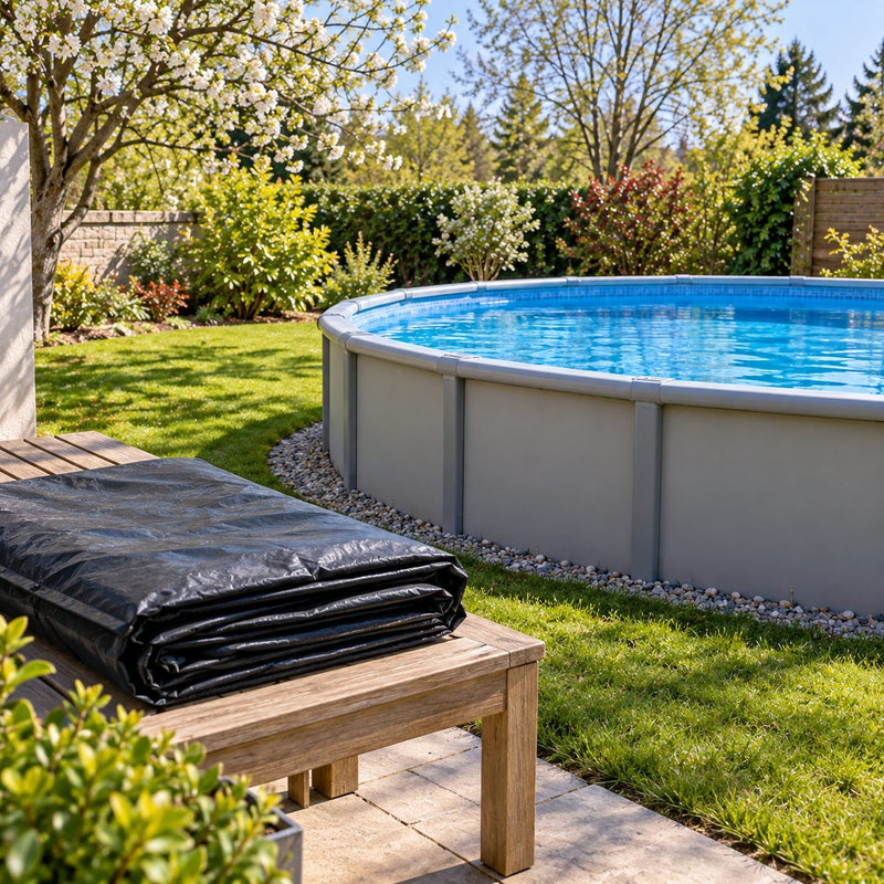Piscine hors sol ronde à l'eau claire au printemps, avec la bâche d'hiver pliée et rangée sur un banc de jardin