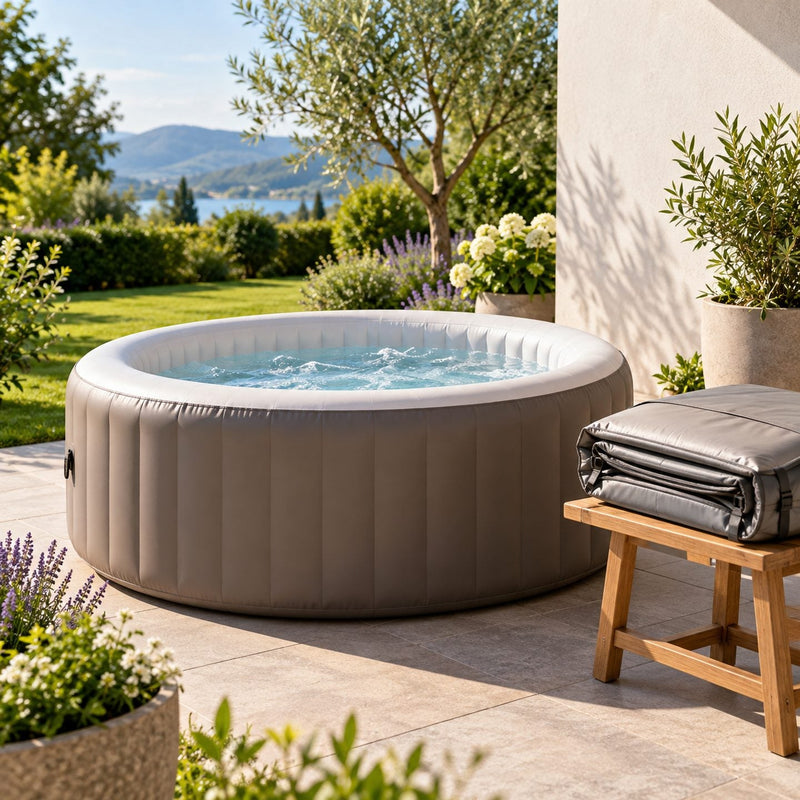 Spa gonflable rond rempli d'eau claire sur une terrasse au printemps, avec la housse grise pliée posée sur un tabouret en bois