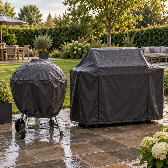 Barbecue rond à charbon et barbecue à gaz recouverts de housses sombres ajustées dans un jardin après la pluie, gouttes d'eau perlant sur le tissu