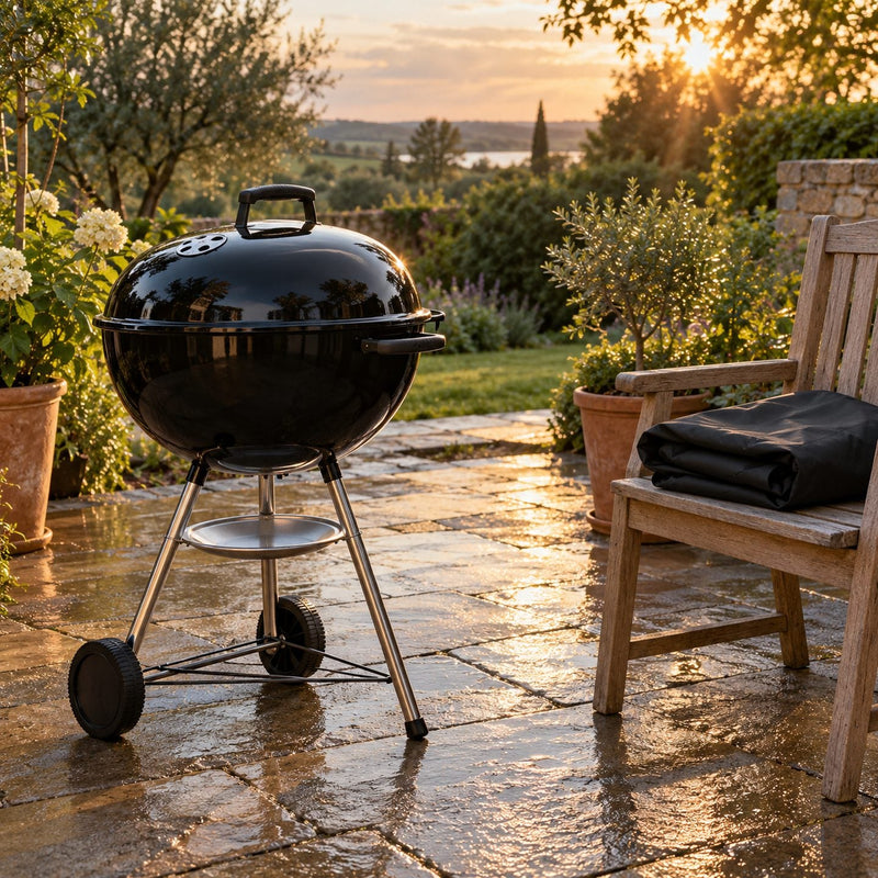 Barbecue rond propre et sec sur une terrasse après la pluie, sa housse noire pliée sur une chaise en bois à côté