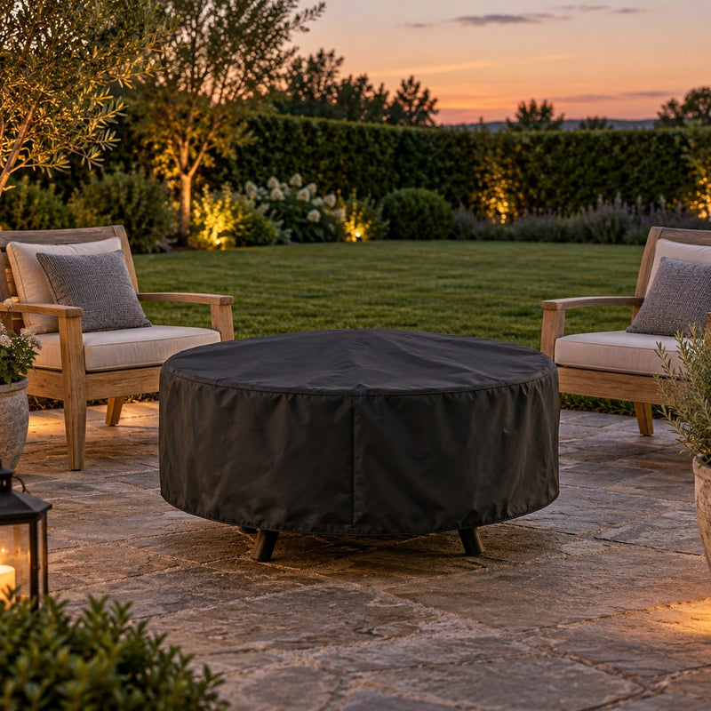 Soirée dans un jardin avec un brasero rond recouvert d'une housse noire bien ajustée, fauteuils de jardin autour, ambiance calme