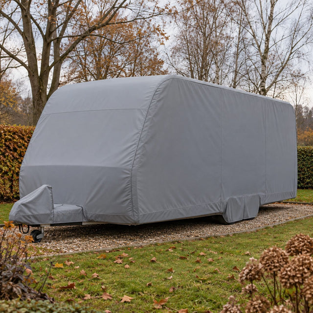 Caravane couverte d'une housse grise bien tendue dans un jardin en fin d'automne