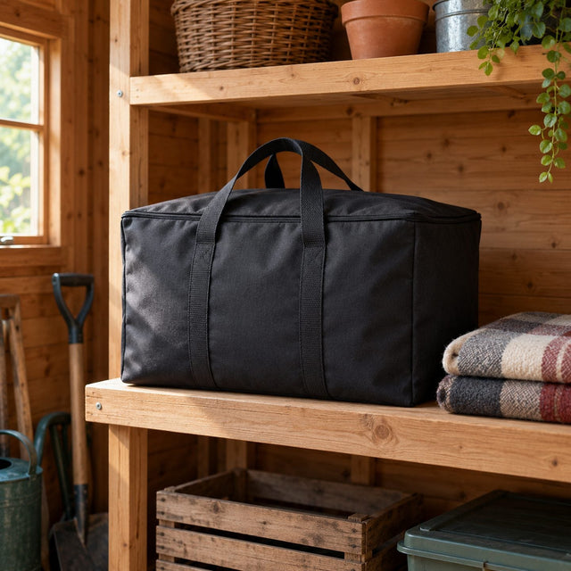 Sac de rangement sombre fermé sur une étagère en bois dans un abri de jardin propre et sec