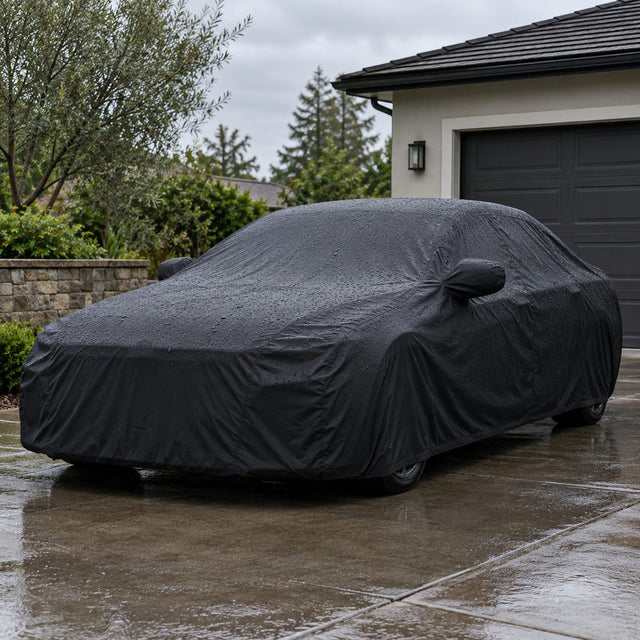 Voiture entièrement protégée par une housse noire bien ajustée dont le tissu perle après la pluie
