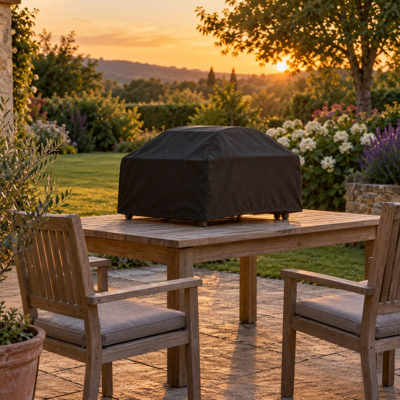 Four à pizza portable entièrement couvert d'une housse noire bien ajustée sur une table de jardin