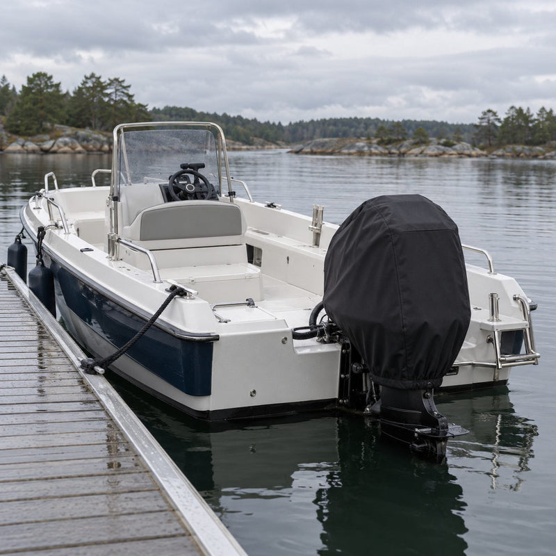 Petit bateau amarré à un ponton, moteur hors-bord recouvert d'une housse noire ajustée et serrée au pied
