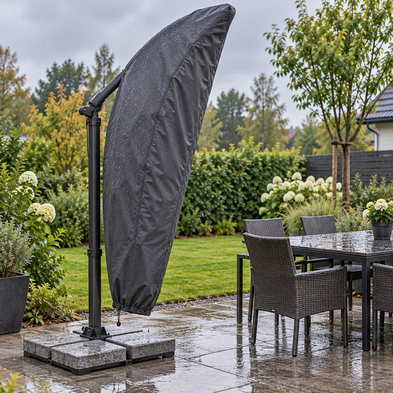 Parasol déporté entièrement recouvert d'une housse sombre bien plaquée, pied lesté par des dalles de pierre, mobilier de jardin voisin après la pluie