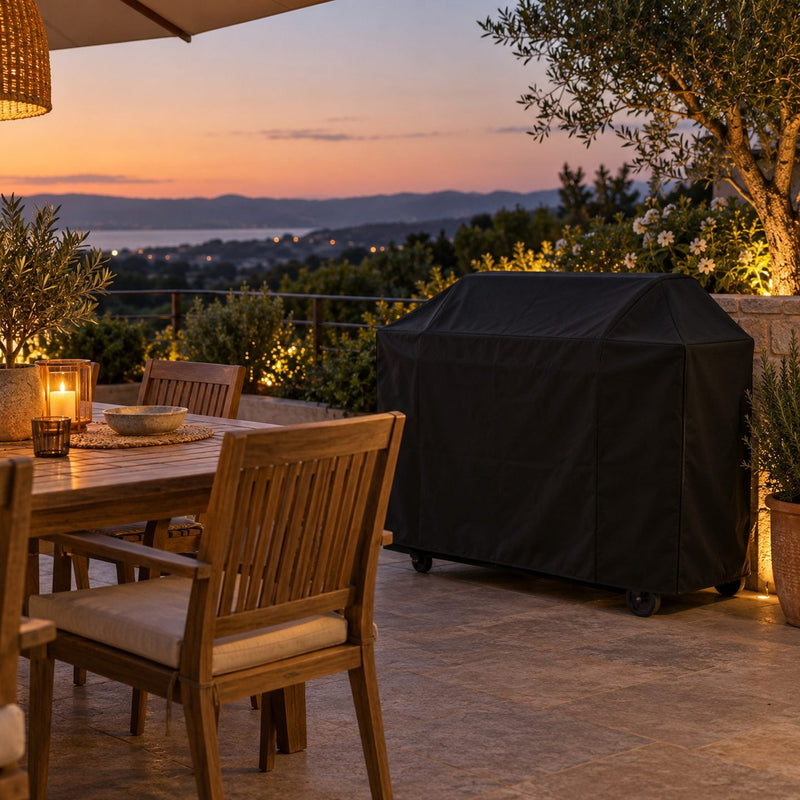 Terrasse en fin de journée avec une plancha sur chariot recouverte d'une housse noire bien ajustée à côté d'une table de jardin