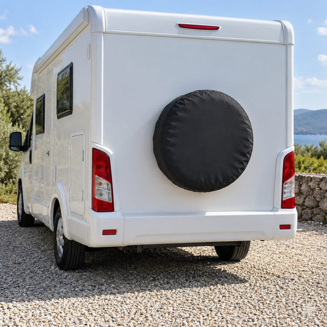 Roue de secours couverte d’une housse noire à bord élastique sur la porte arrière d’un camping-car blanc