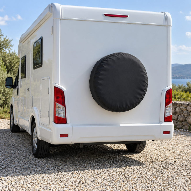 Roue de secours couverte d’une housse noire à bord élastique sur la porte arrière d’un camping-car blanc