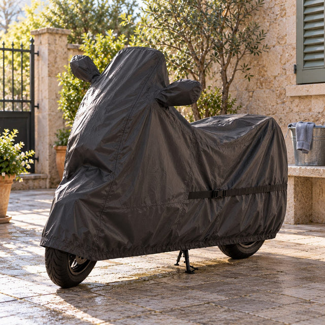 Scooter sous une housse sombre sanglée dans une petite cour bien rangée à la lumière du matin, seau et chiffon contre un mur de pierre