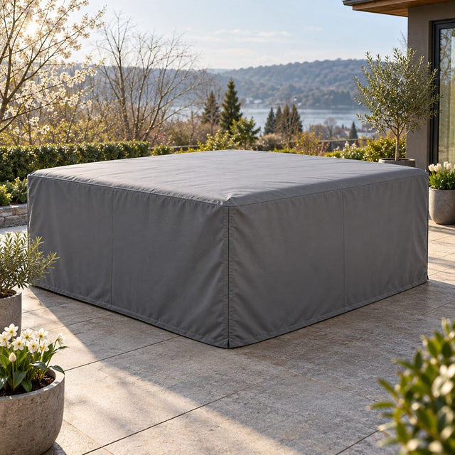 Housse grise bien ajustée sur un spa carré, sur une terrasse de jardin au printemps