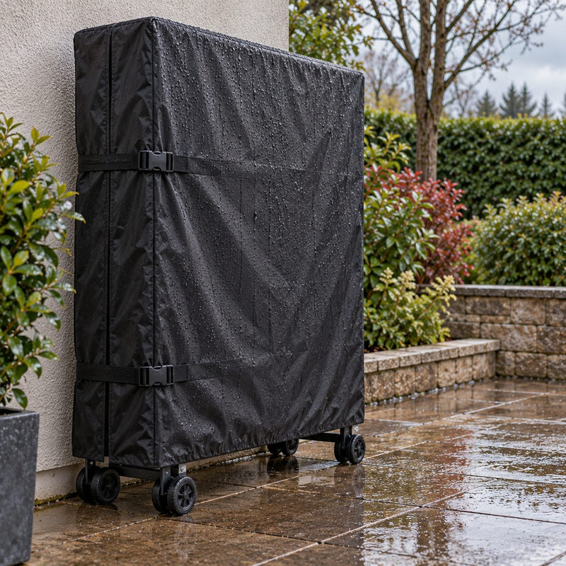 Table de ping-pong repliée sur roulettes sous une housse noire fermée par deux sangles, avec des gouttes de pluie sur le tissu