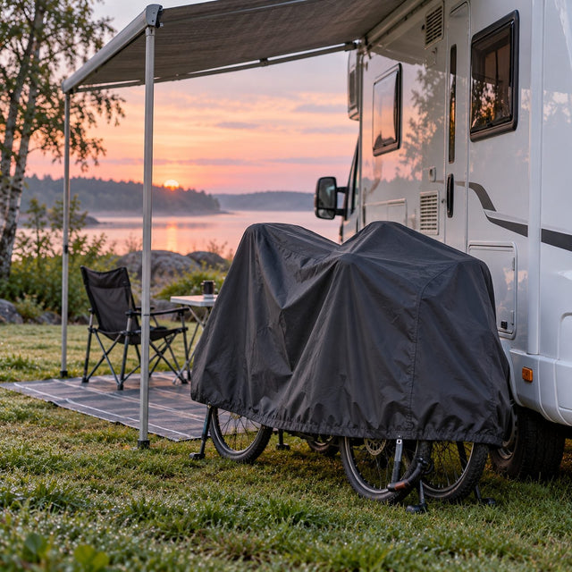 Deux vélos couverts d'une housse sombre bien ajustée sous l'auvent d'un camping-car blanc au petit matin, cadres secs, herbe humide autour