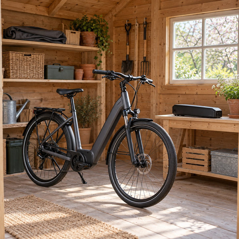 Vélo électrique propre dans un petit abri de jardin bien rangé, housse gris foncé pliée sur une étagère, batterie posée sur un établi en bois, lumière douce de printemps