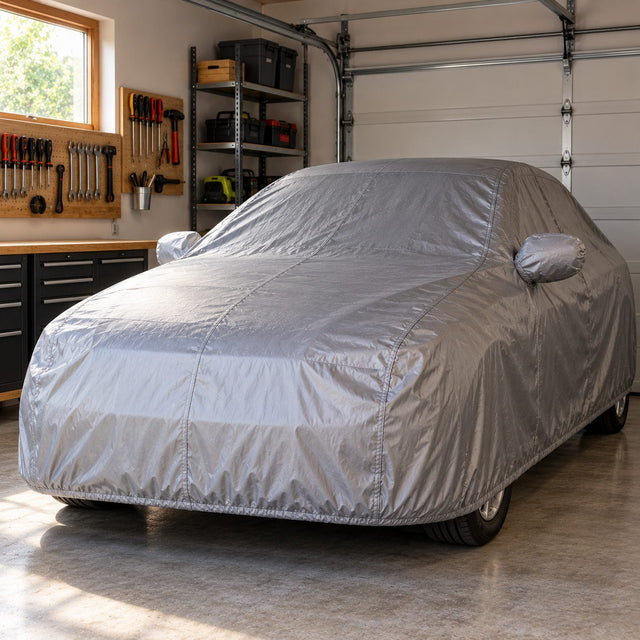 Voiture entièrement couverte d'une housse argentée dans un garage rangé
