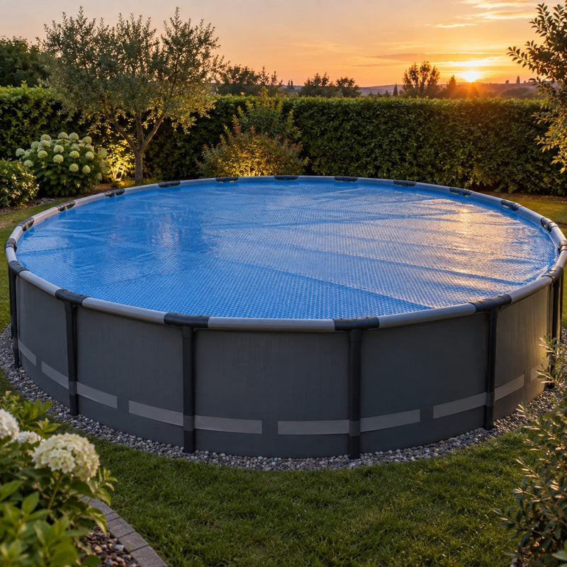 Piscine ronde hors sol entièrement couverte d’une bâche à bulles bleue bien tendue, avec une légère buée sur le film