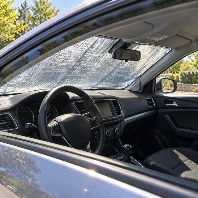 Intérieur d'une voiture resté à l'ombre derrière une protection argentée posée sur l'extérieur du pare-brise