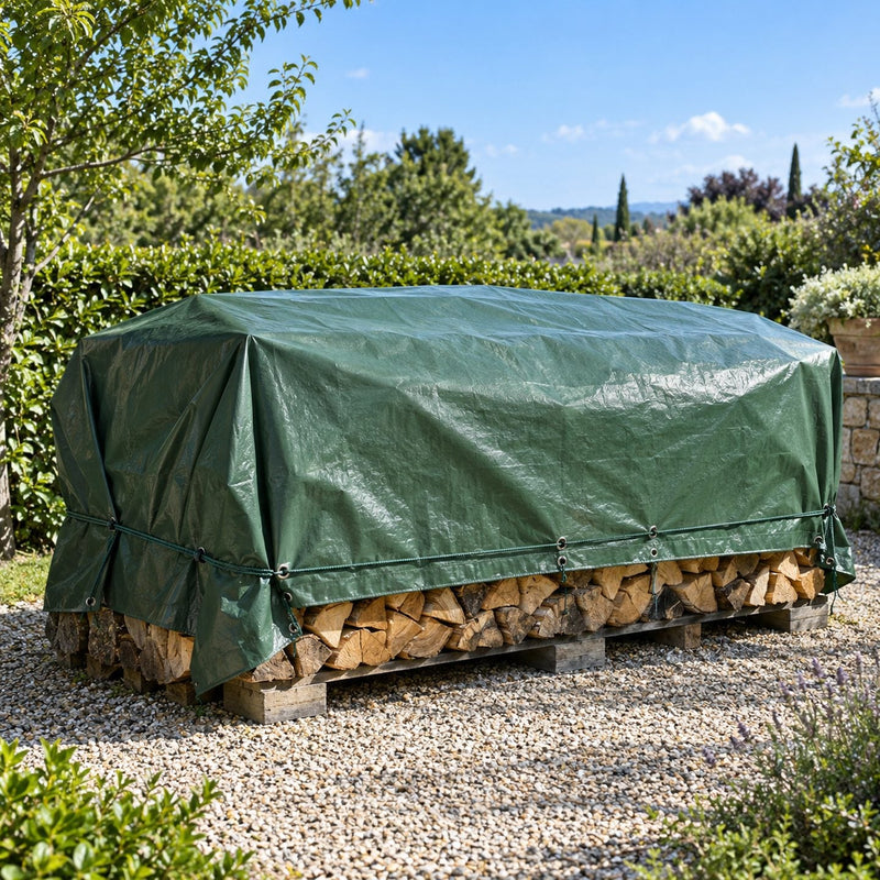 Tas de bois de chauffage entièrement recouvert d’une bâche verte bien tendue et fixée par des cordes, dans un jardin