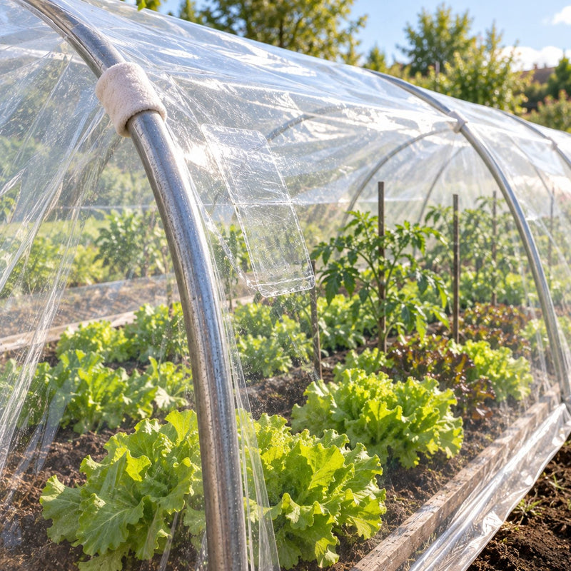 Tunnel de jardin réparé avec une pièce transparente nette, film tendu, arceau protégé par une bande de tissu et salades en bonne santé