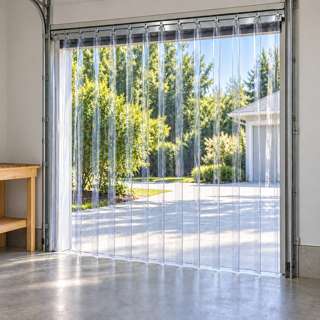 Porte de garage fermée par un rideau à lanières transparent bien droit, établi en bois rangé à l’intérieur, lumière calme du jour