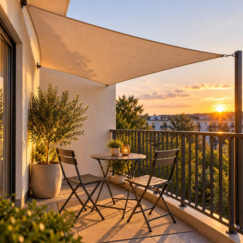 Balcon d'appartement en soirée avec une voile d'ombrage triangulaire beige tendue au-dessus d'une petite table et de deux chaises, plante en pot dans un angle