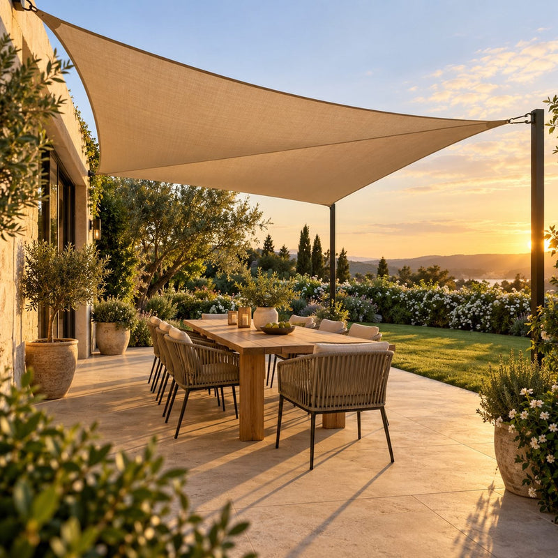 Terrasse familiale avec une voile d'ombrage carrée sable tendue en légère torsion et une ombre régulière sur la table