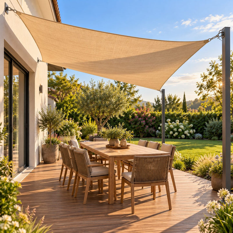 Grande voile d'ombrage rectangulaire sable tendue en torsion au-dessus d'une table de terrasse, avec une ombre régulière