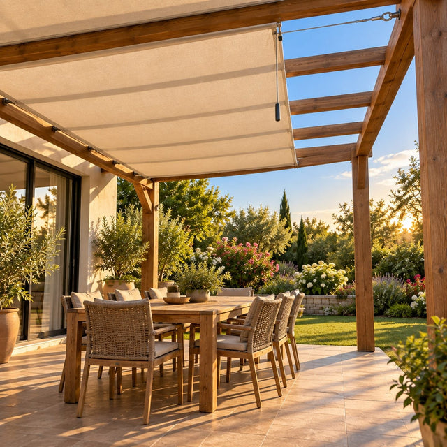 Terrasse sous pergola en fin de journée, voile d'ombrage beige déployé au-dessus d'une table de repas, ciel dégagé du côté du jardin