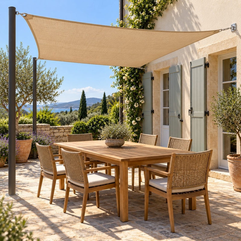 Terrasse dallée avec une voile d’ombrage rectangulaire sable tendue en légère pente au-dessus de la table et des chaises