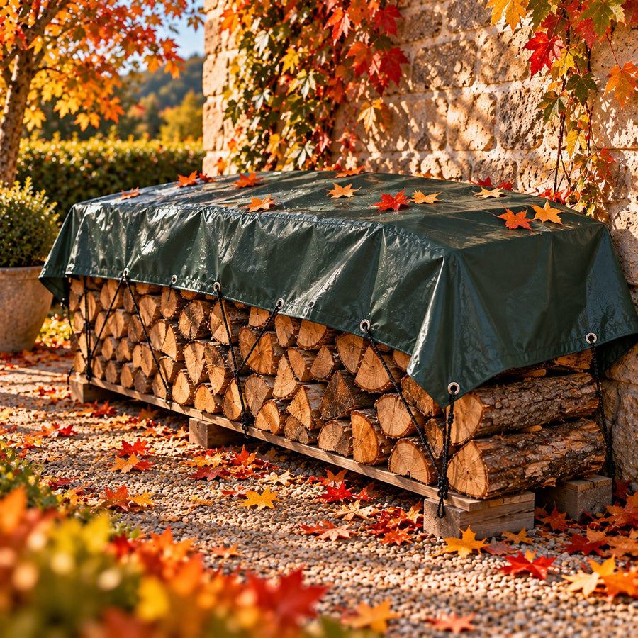 Pile de bois de chauffage abritée sous une bâche verte contre un mur