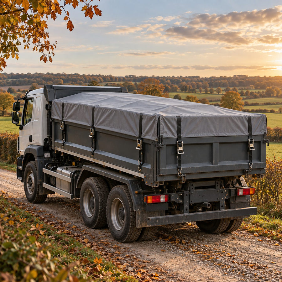 Camion benne dont la charge est couverte d'une bâche sanglée grise
