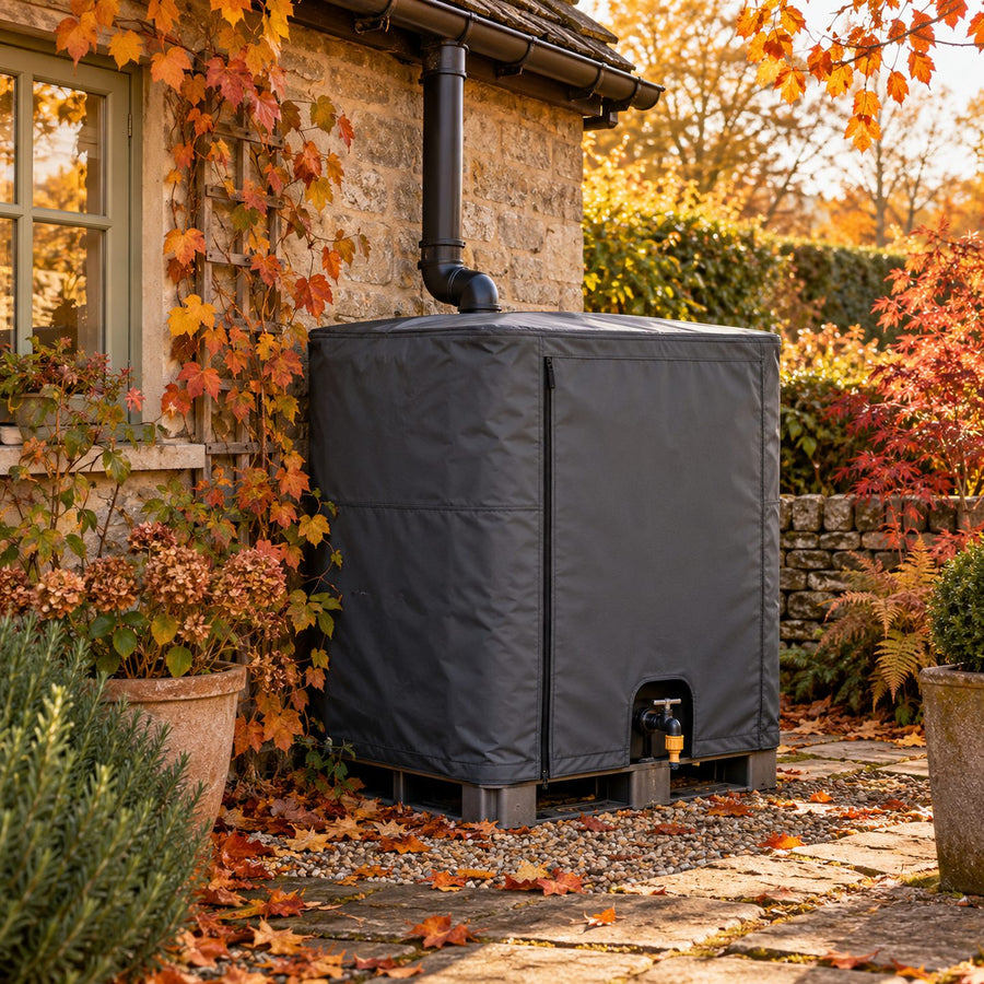 Cuve IBC de 1000 litres habillée d'une housse imperméable grise dans un coin de jardin