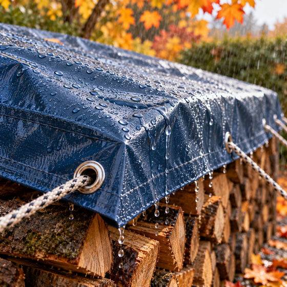Bâche étanche à œillets métalliques sur laquelle ruisselle la pluie