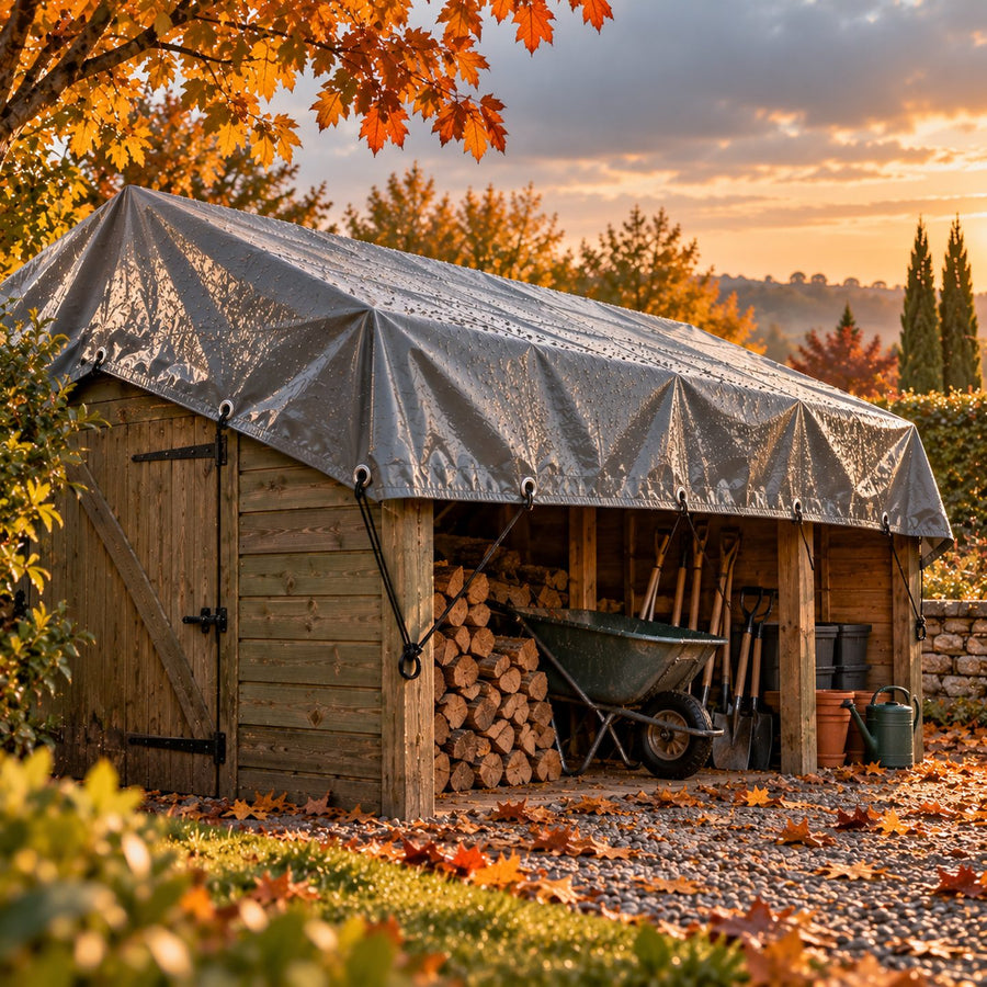 Bâche grise multi-usages tendue sur un abri de jardin en bois