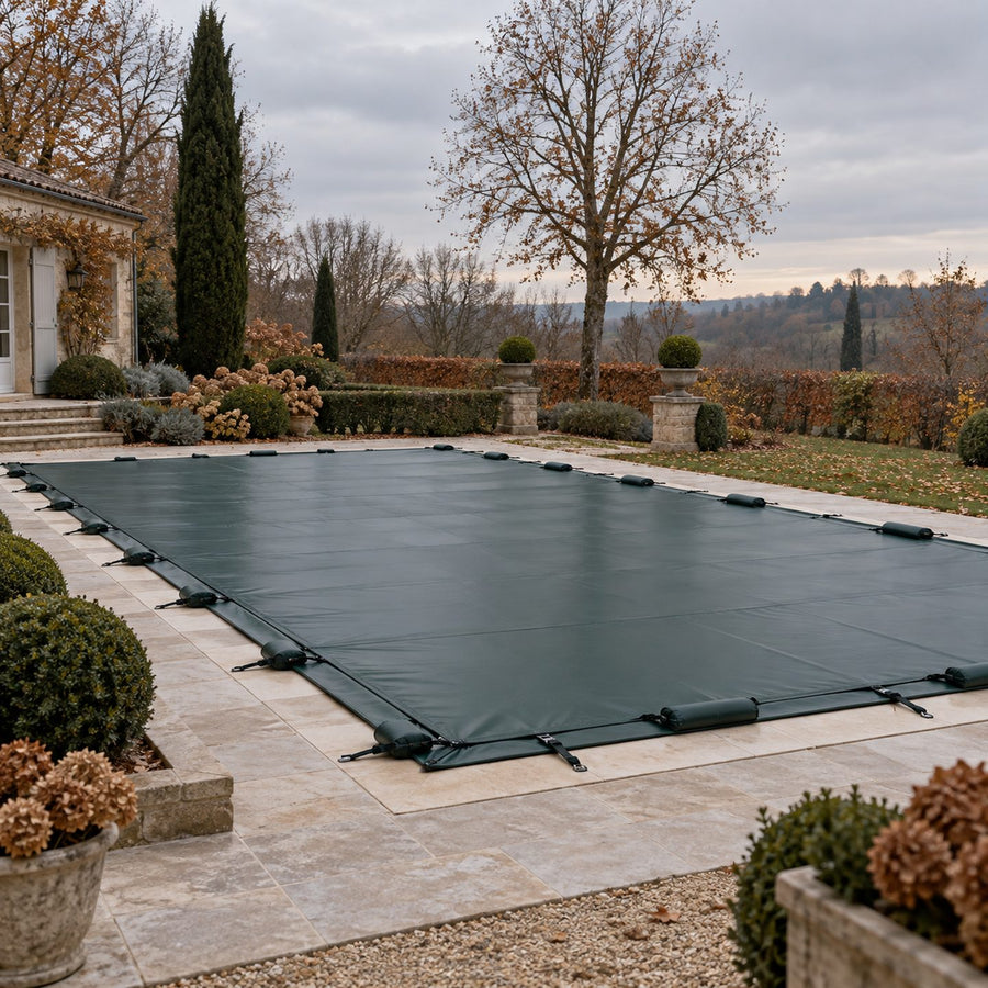 Piscine enterrée fermée pour l'hiver sous une bâche vert foncé opaque