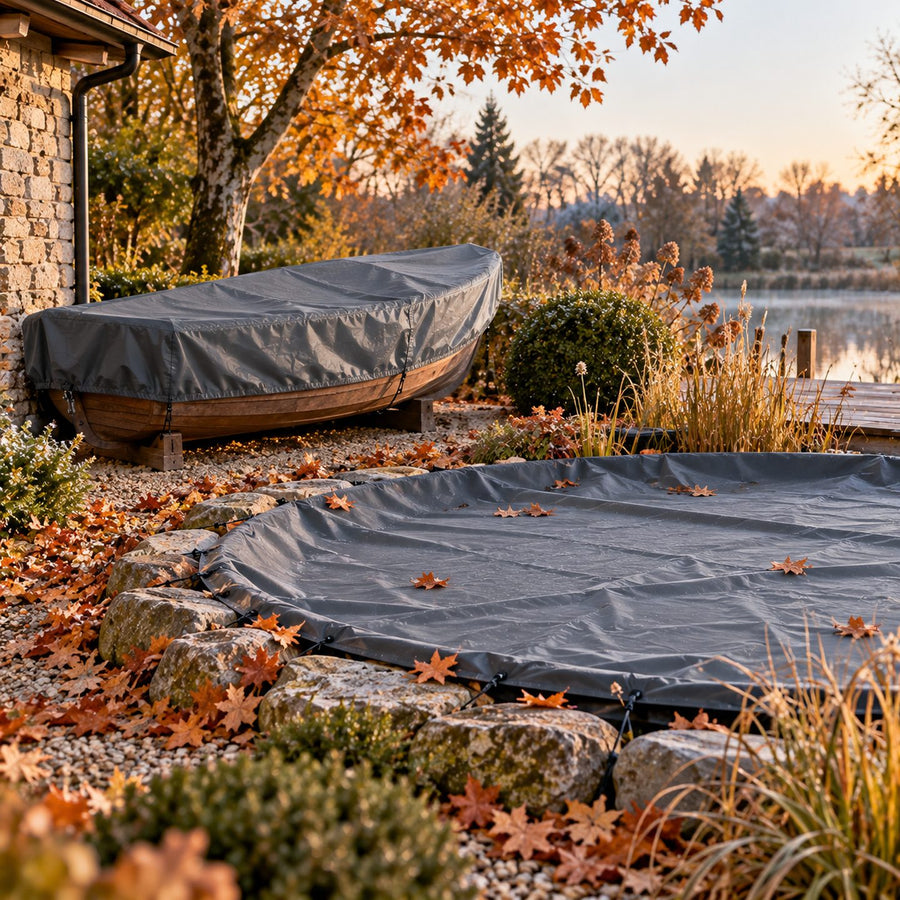 Barque et bassin de jardin couverts de bâches grises pour l'hivernage