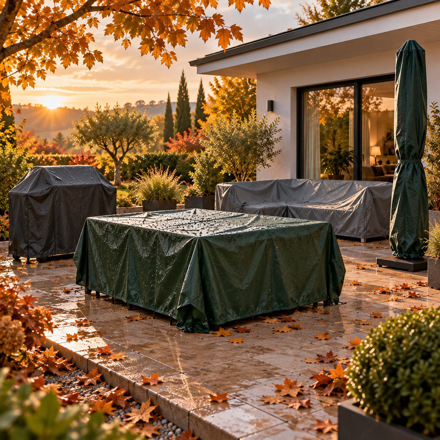 Terrasse avec salon, barbecue et parasol sous housses de protection