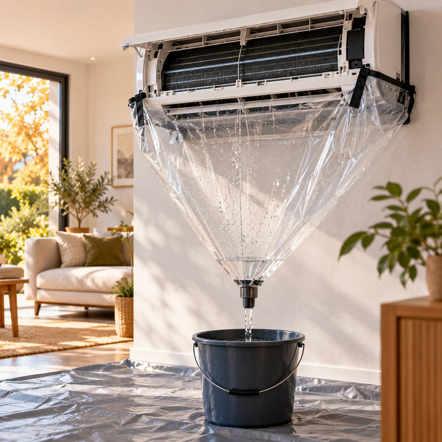 Climatiseur mural avec bâche de nettoyage qui guide l'eau vers un seau