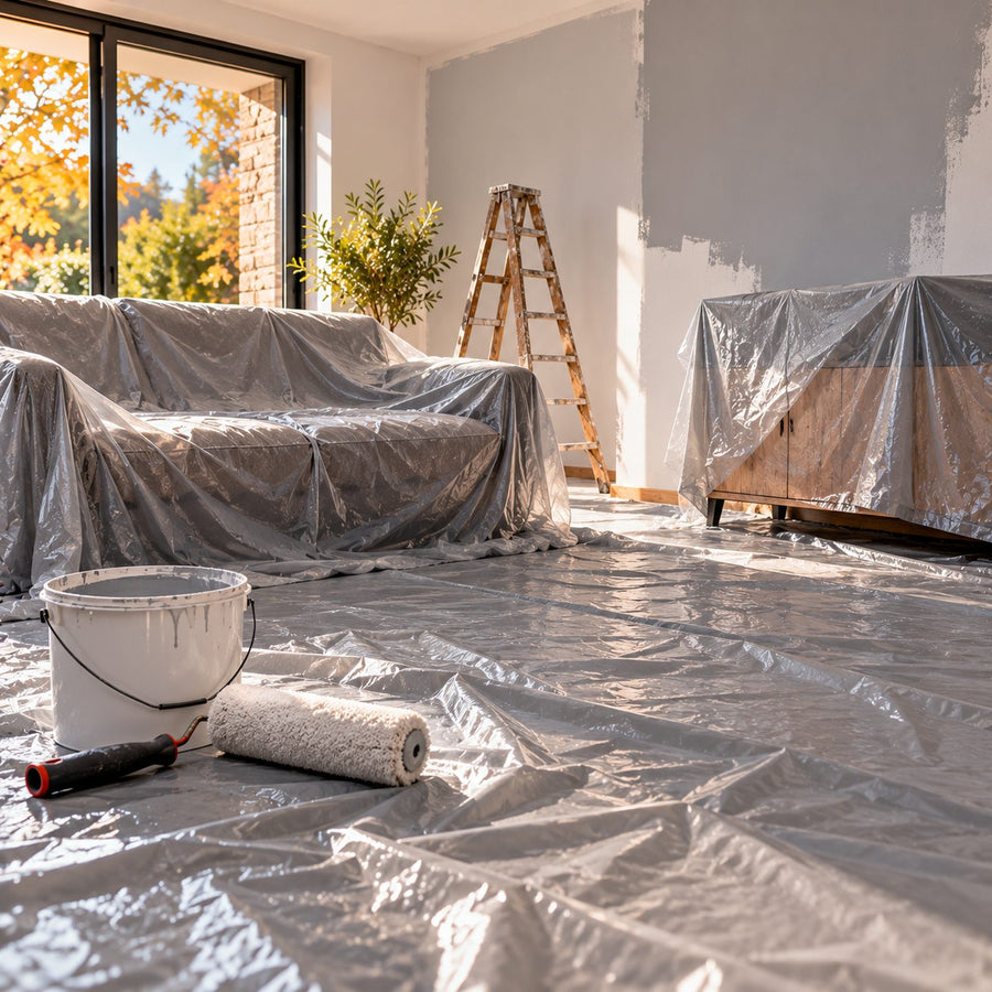 Bâche grise protégeant sol et meuble pendant des travaux de peinture