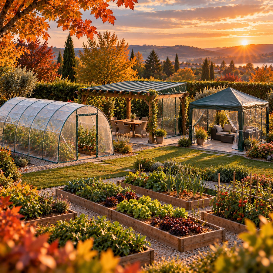 Serre, pergola et tonnelle habillées de bâches dans un grand jardin