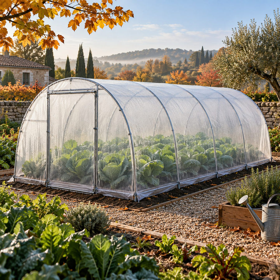Serre tunnel de potager recouverte d'une bâche translucide tendue
