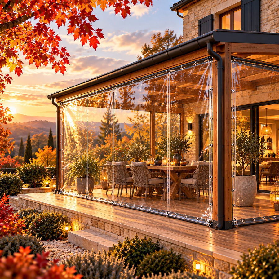 Terrasse en bois protégée par des bâches transparentes sur les côtés