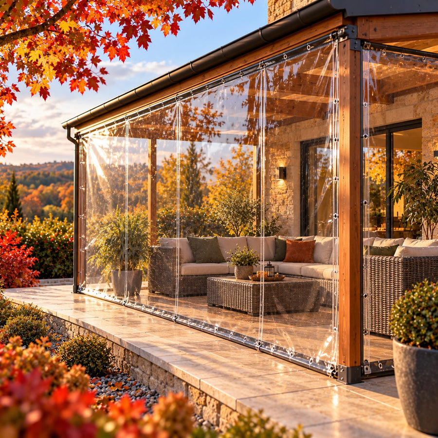 Bâche transparente tendue sur une terrasse laissant voir le salon derrière