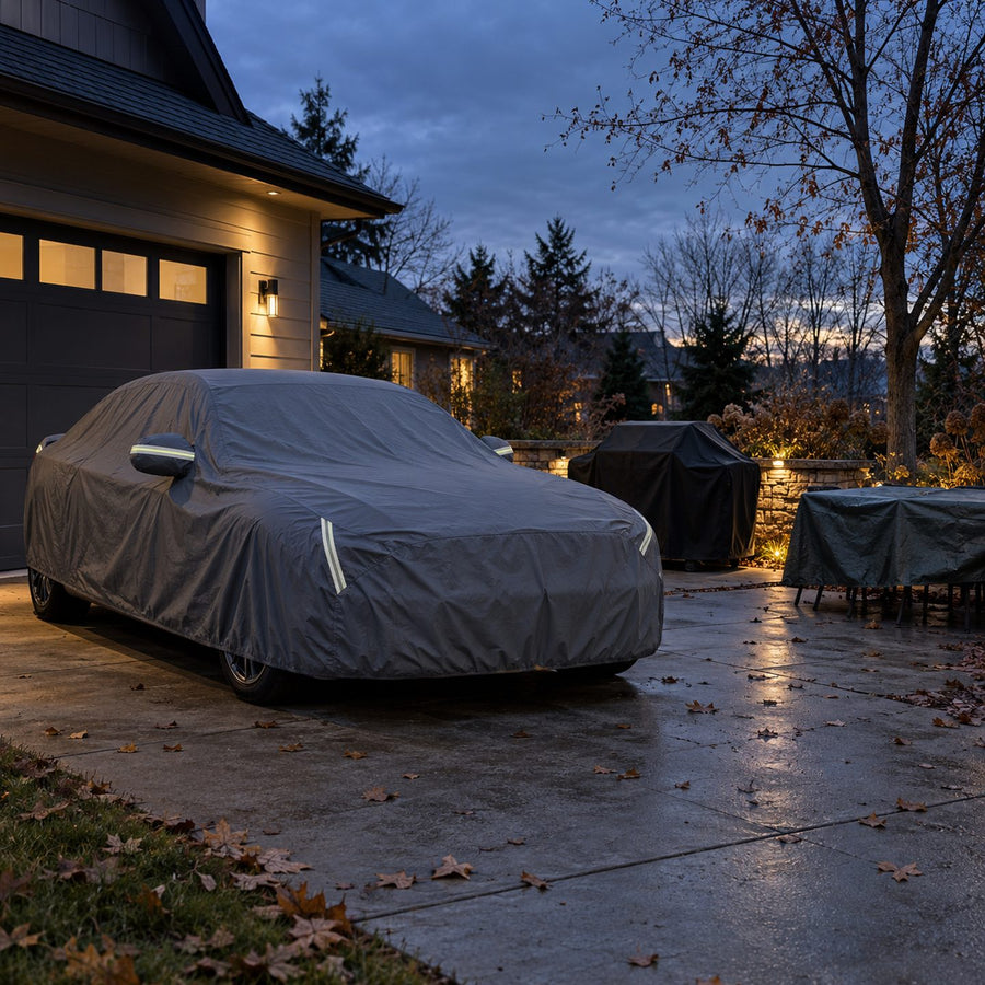 Allée de maison en fin novembre : voiture, barbecue et salon de jardin sous leurs housses de protection