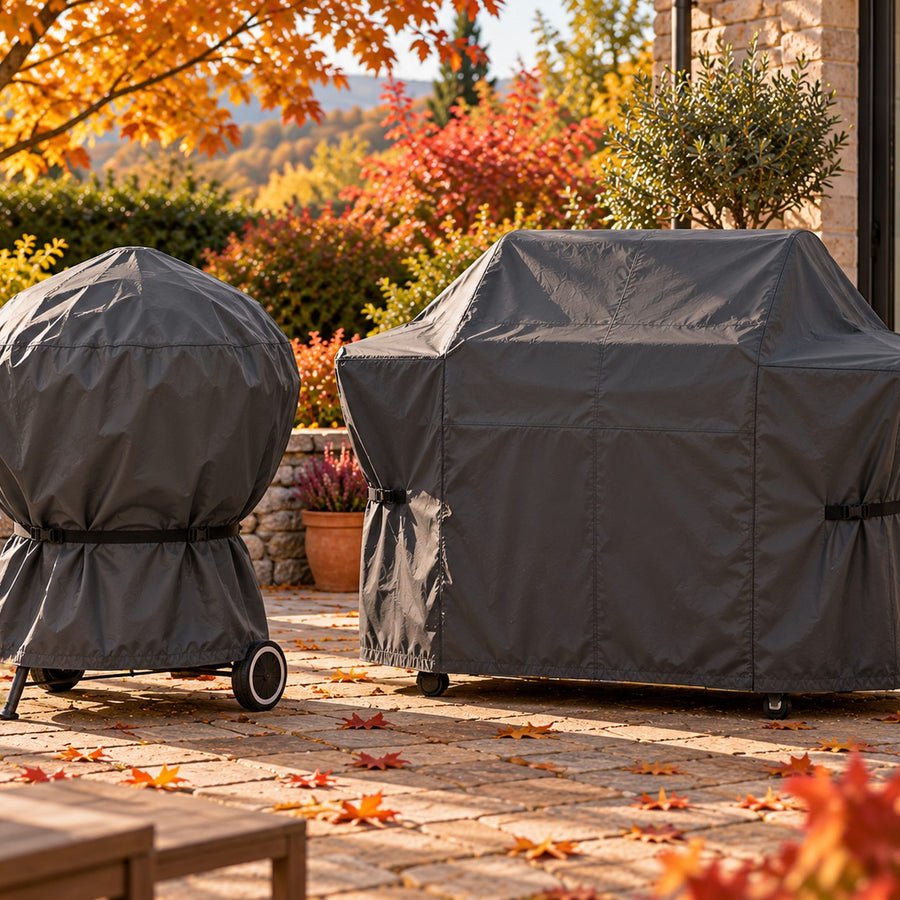 Barbecues protégés par des housses sur une terrasse